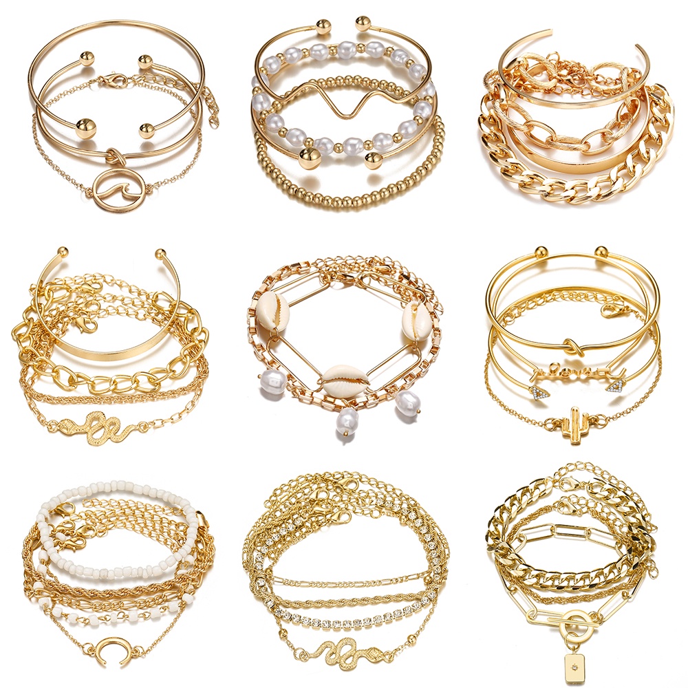 YEEZII 4Pcs/Set Korean Pearl Multilayer Pendant Bracelet Set Retro Butterfly Snake Lock Gold Choker Chain Bracelet for Women Accessories Jewelry Gift