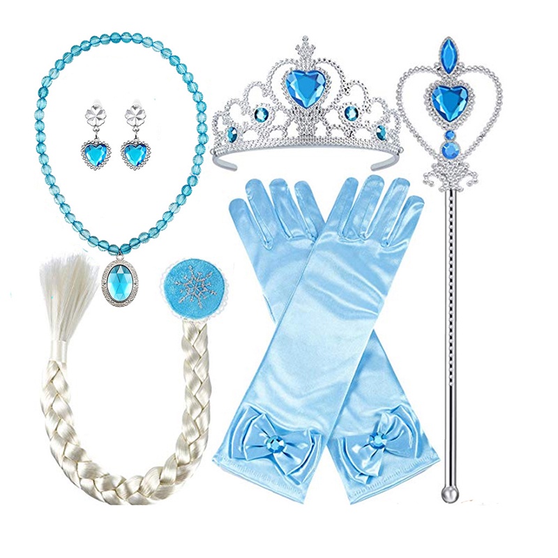 Disney Cosplay Frozen Halloween Cosplay Elsa Anna Princess Accessories Gifts Crown + Wig + Magic Wand + kalung + anting-anting + Sarung tangan