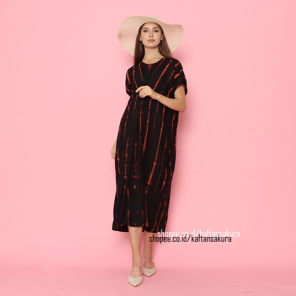 KAFTAN DRESS MAXI WANITA HOME DRESS TIE DYE WARNA HITAM TERBARU RAYON LEMBUT MURAH BY KAFTANSAKURA