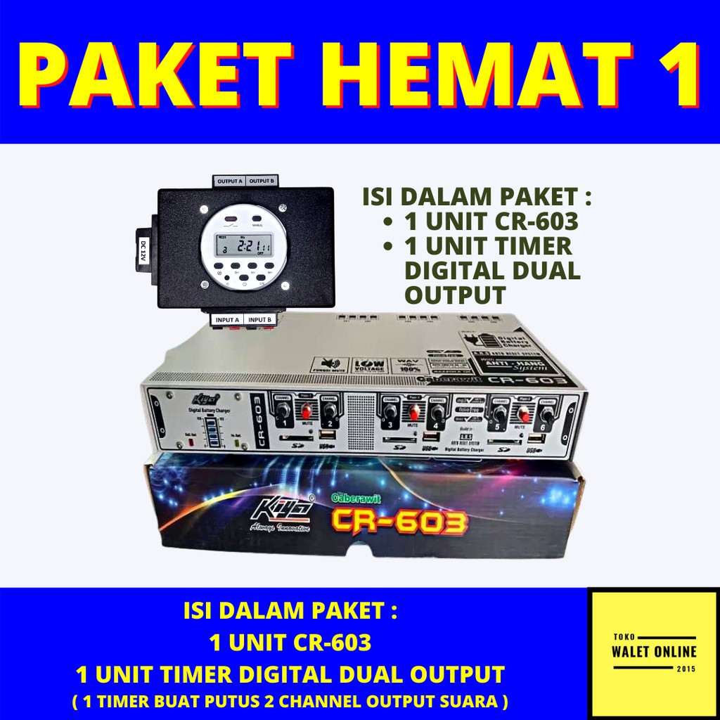AMPLI WALET CABERAWIT KIYA CR 603 + TIMER PUTUS SUARA PANGGIL TARIK, PLAYER POWER AMPLIFIER MESIN CH