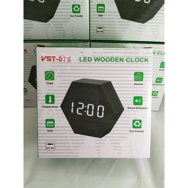 Jam Meja Digital Led Weker Digital Wood Alarm Clock 876 black green