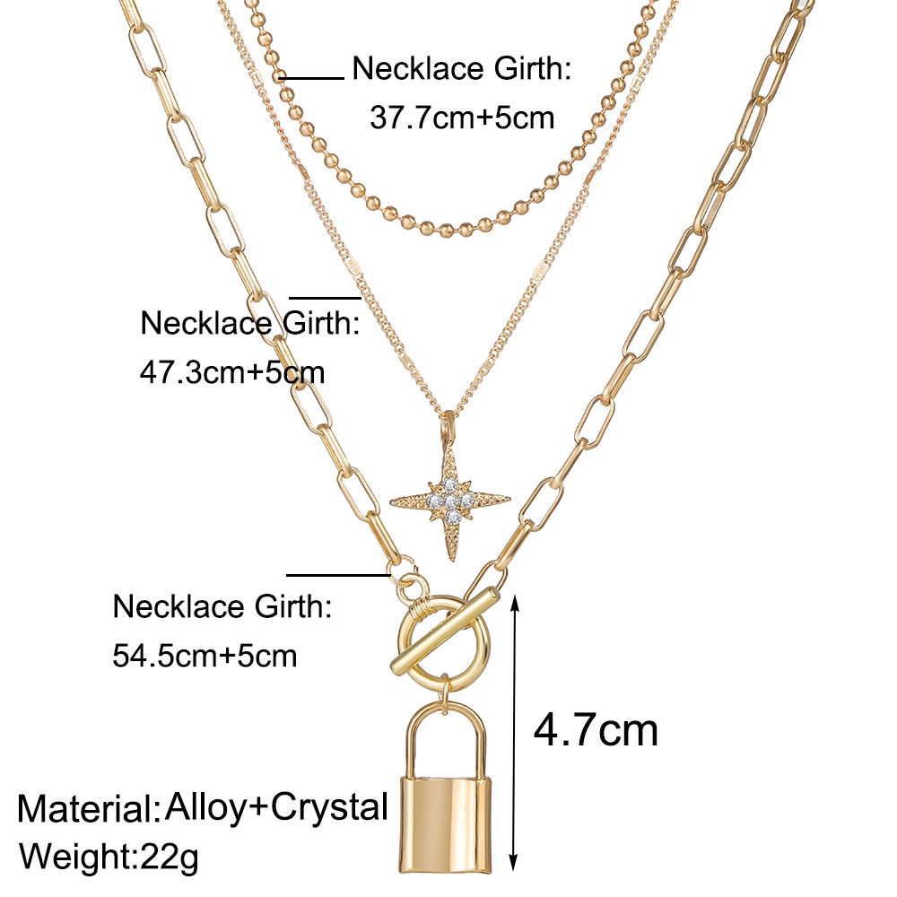 Women Fashion Retro Pearl Metal Korean Style Lock Necklace Multilayer Pendant Gold Chain Choker Jewelry Accessories