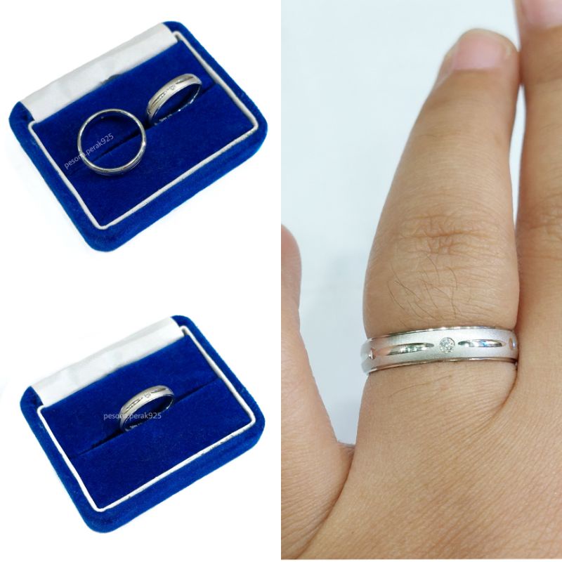 Cincin Couple Pria dan Wanita Perak Asli Silver 925 Lapis Emas Putih Model Dop Putih - Perhiasan Cin