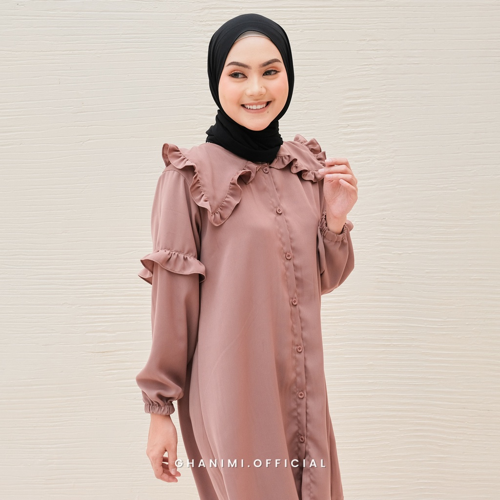 Ghanimi - Prinsa Tunik / Tunik Ruffle Polos / tunik kondangan kekinian / tunik gamis terbaru / tunik kerah asimetris korean style / tuni plos casual formal daily / tunik lengan bishop balon