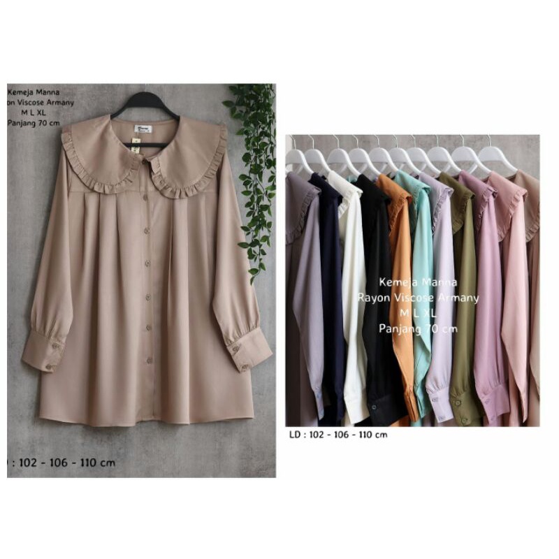 Kemeja manna ori by diana fashion blouse cewe bahan viscose armany size m l xl panjang 70 polos NEW