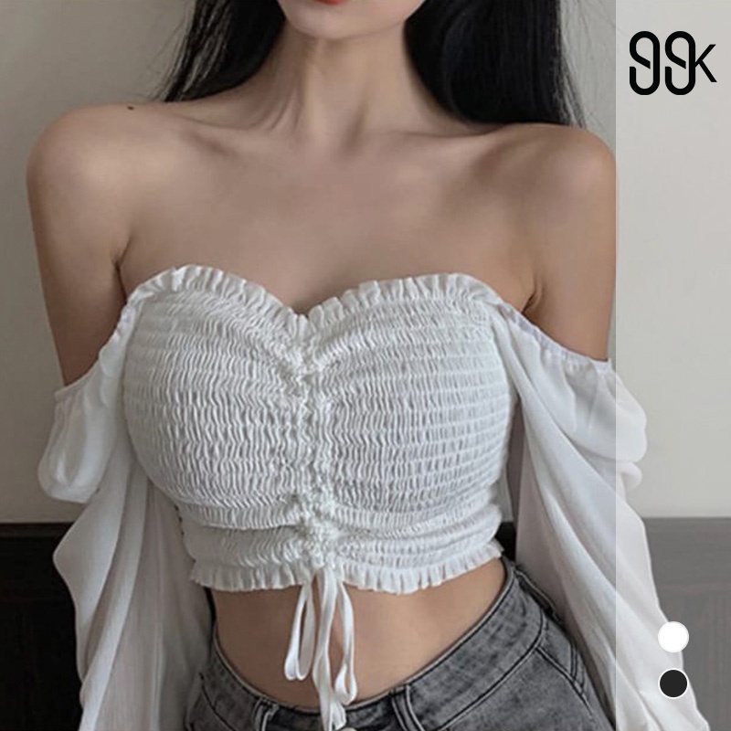 Korean Off Shoulder Crop Blouse Atasan Lengan Panjang 1266 (S/M/L)