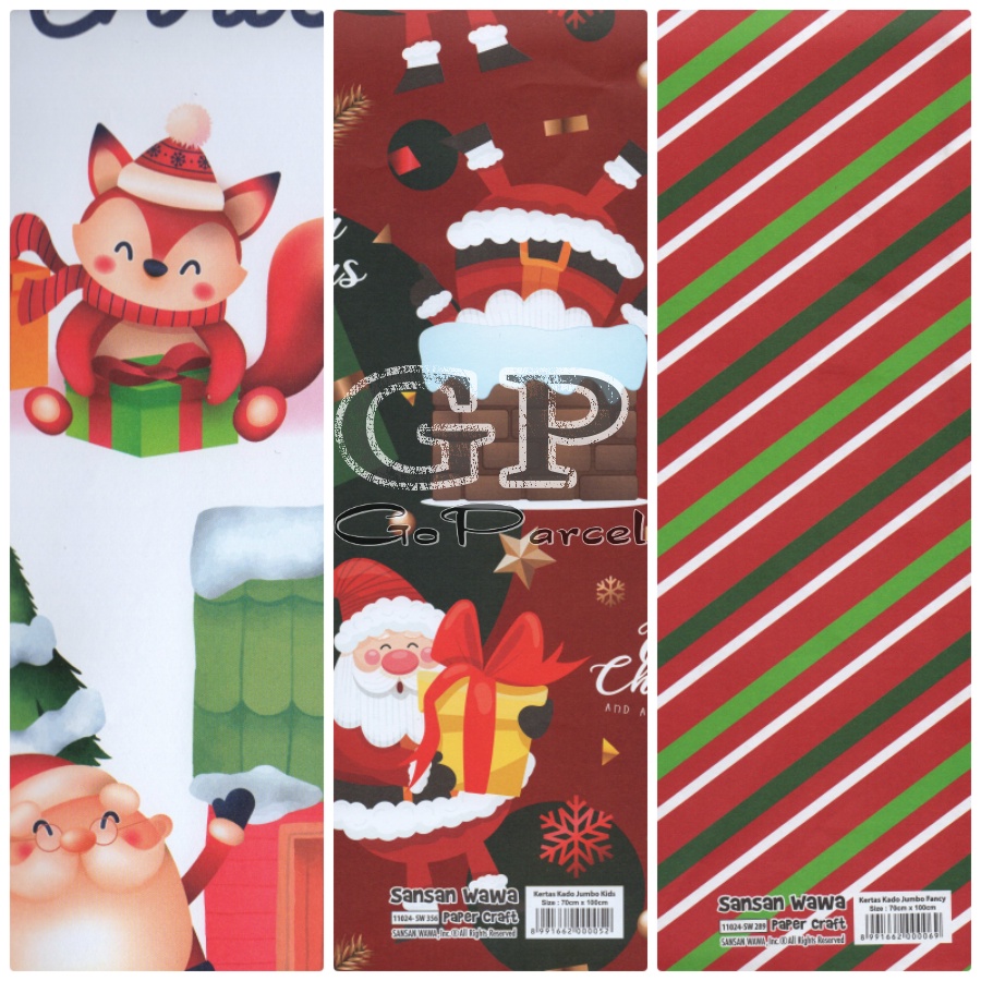 ( 5 Lembar ) JUMBO NATAL SANWA - KERTAS KADO CHRISTMAS XMAS - GIFT WRAPPING PAPER SANSAN WAWA NATAL / HANUKAAH / SANTA / RAINDEER / CHRISTMAS TREE / SNOWMAN / POHON NATAL / RED / GREEN