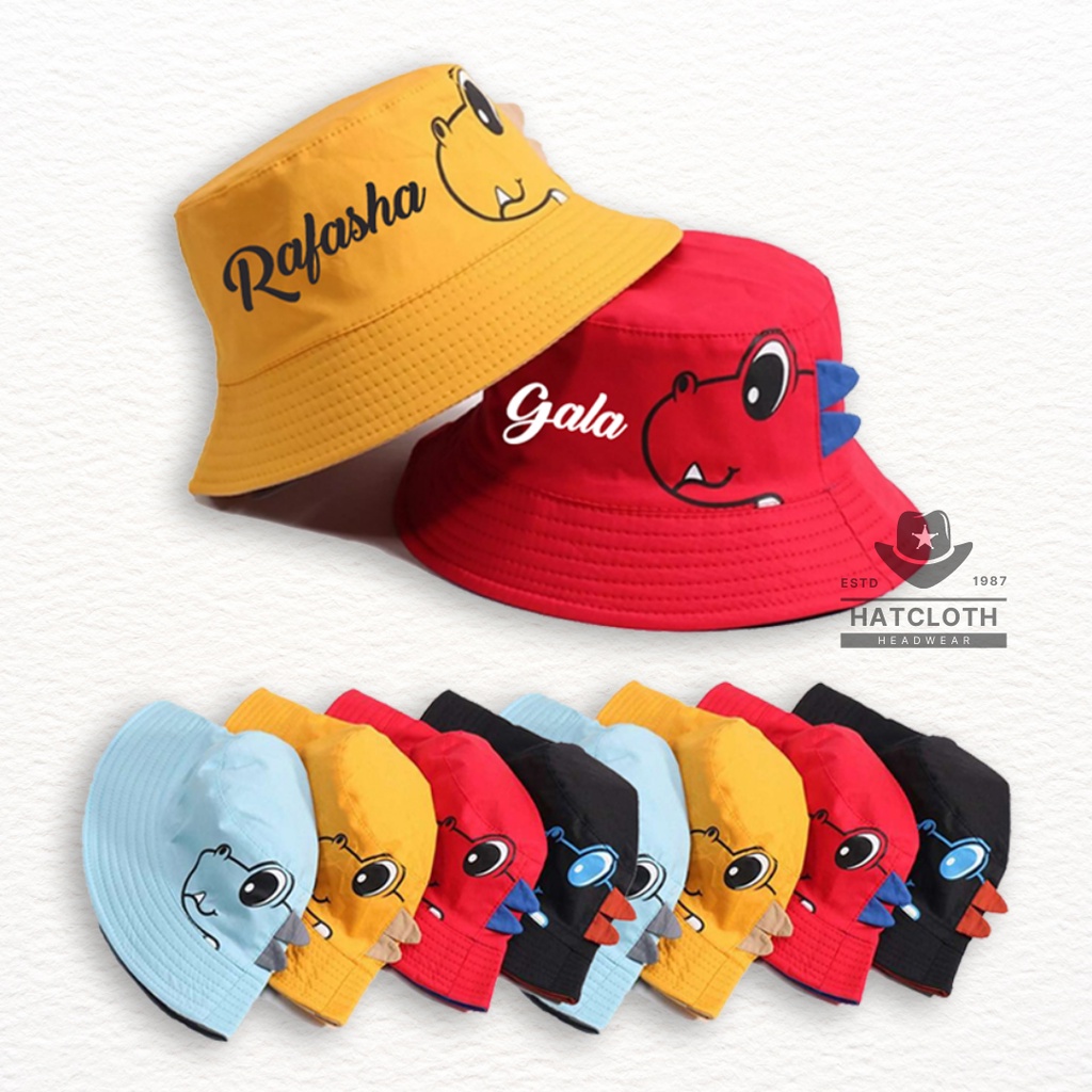 Topi Bucket Hat Anak Dino Polos / Bordir Nama Bahan Drill