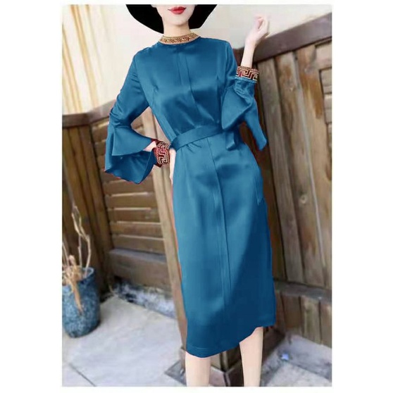 MDLV ~ 0395# CNY Sylvania Bell Sleeve Dress Premium Dress Satin Import Dress Premium Dress Midi Fashion Import