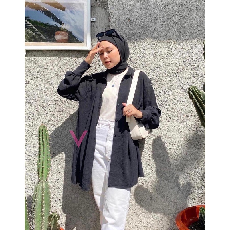 AMINA Baju Wanita Kekinian Blouse Crinkle Korean Style Hitam Lengan Panjang Kekinian Korea Terbaru L