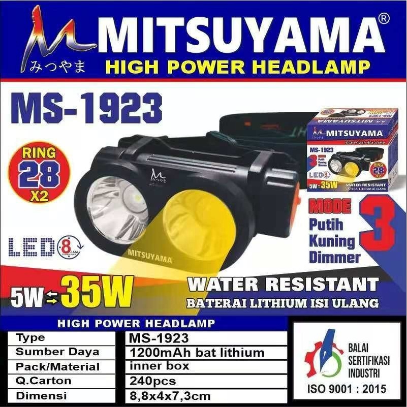 Bisa COD!!! Senter Kepala Led Mitsuyama MS-1923 / 3 Mode Putih Kuning Dimmer Headlamp Batrai Awet dan tahan lama