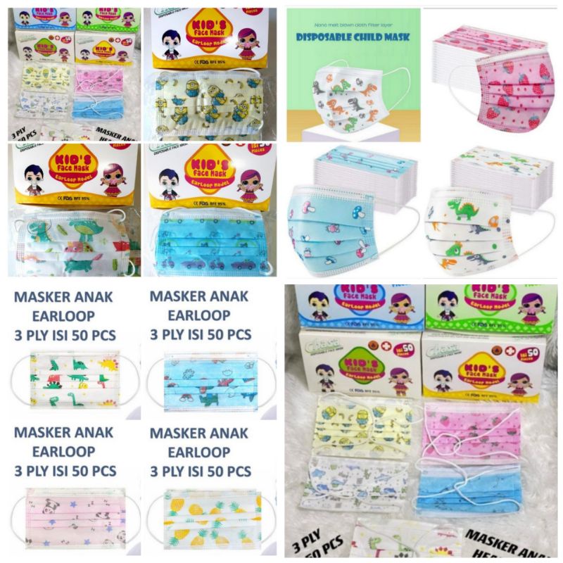 Masker Anak isi 50pcs Motif Gambar cewek cowok kecil anak-anak 50 pcs headloop earloop hijab padang