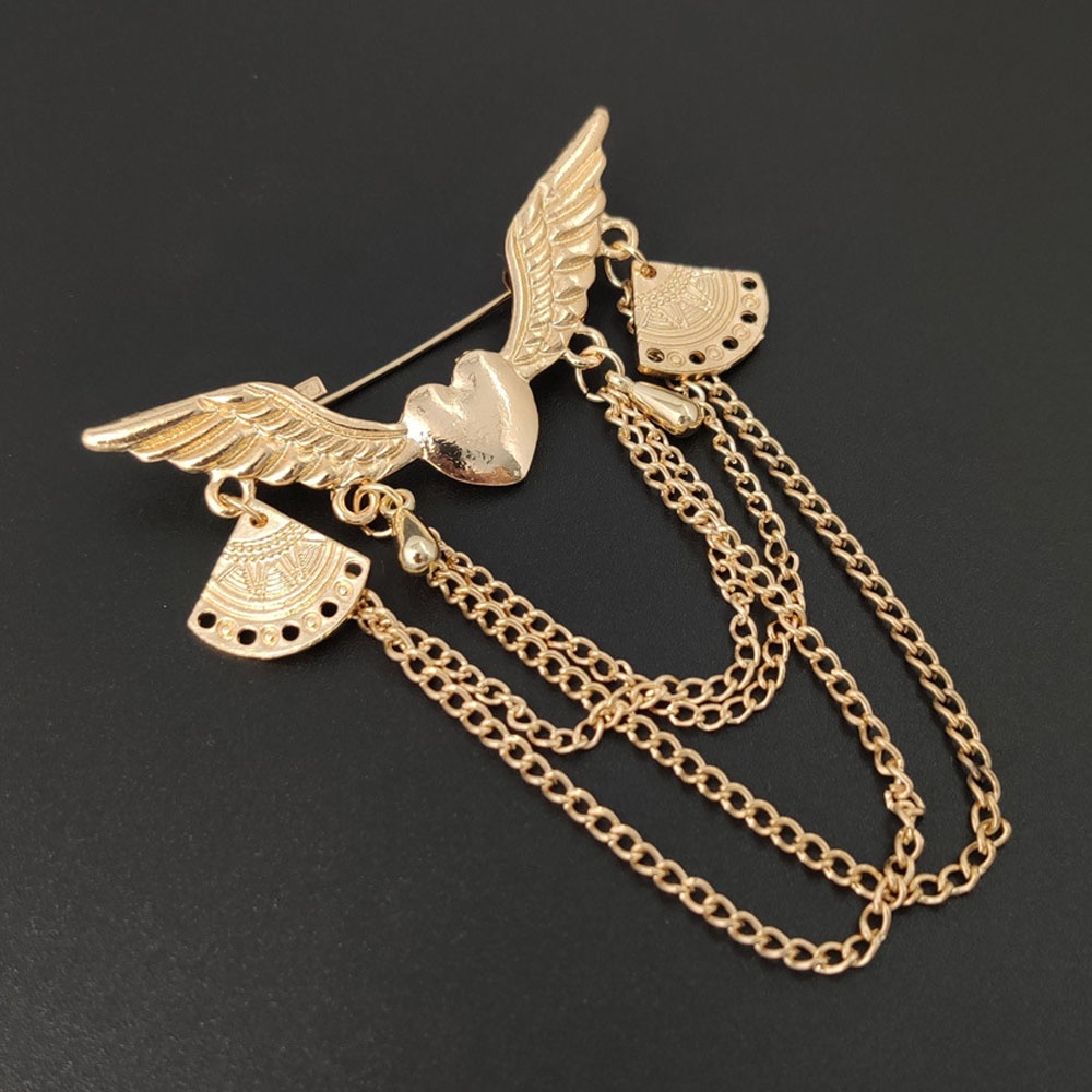 Needway  Men's Suit Jewelry Vintage Brooch Pins Fashion Accessories Chain Heart-Shaped Angle Wing Retro Lapel Pin British Style Brooches/Multicolor