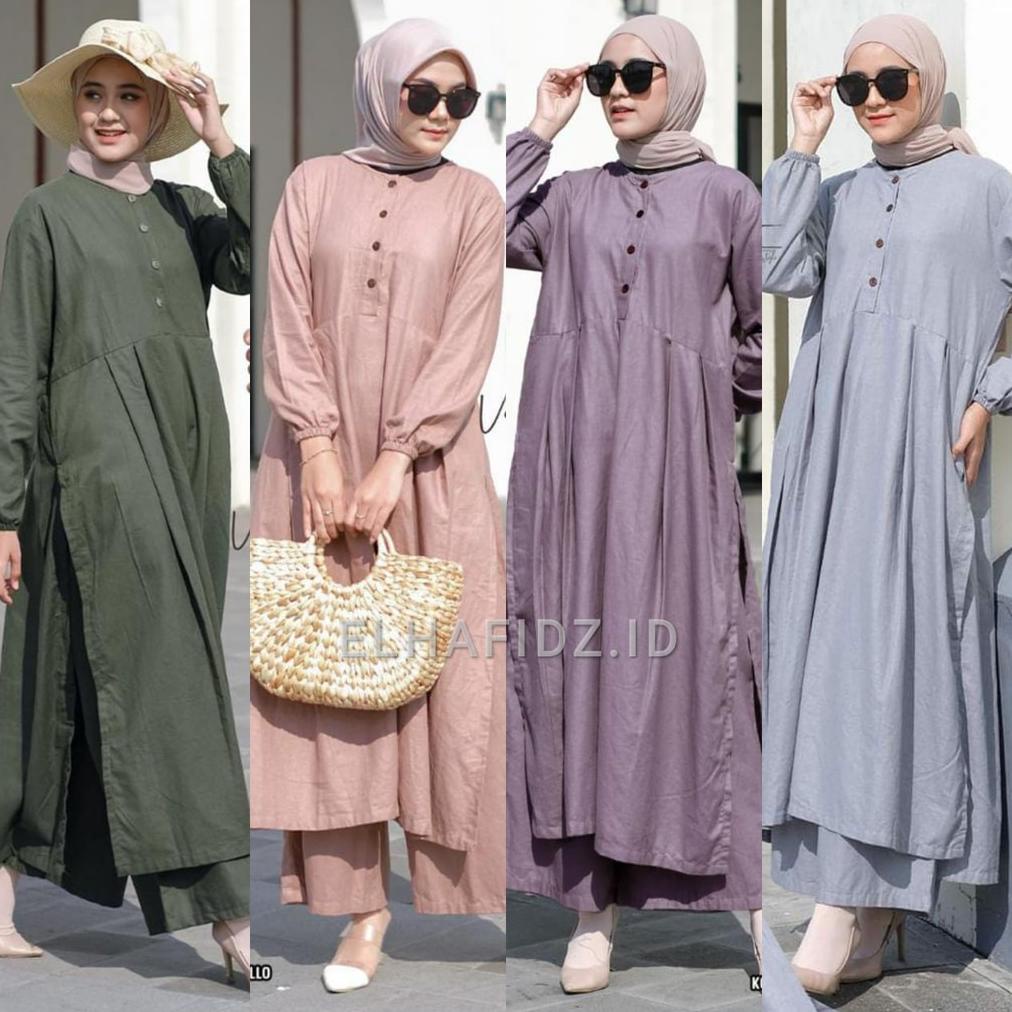 Vente Daily Naomi One Set Jumbo Linen Motif Polos / Setelan Muslim Wanita LD 110 / Long Tunik Busui