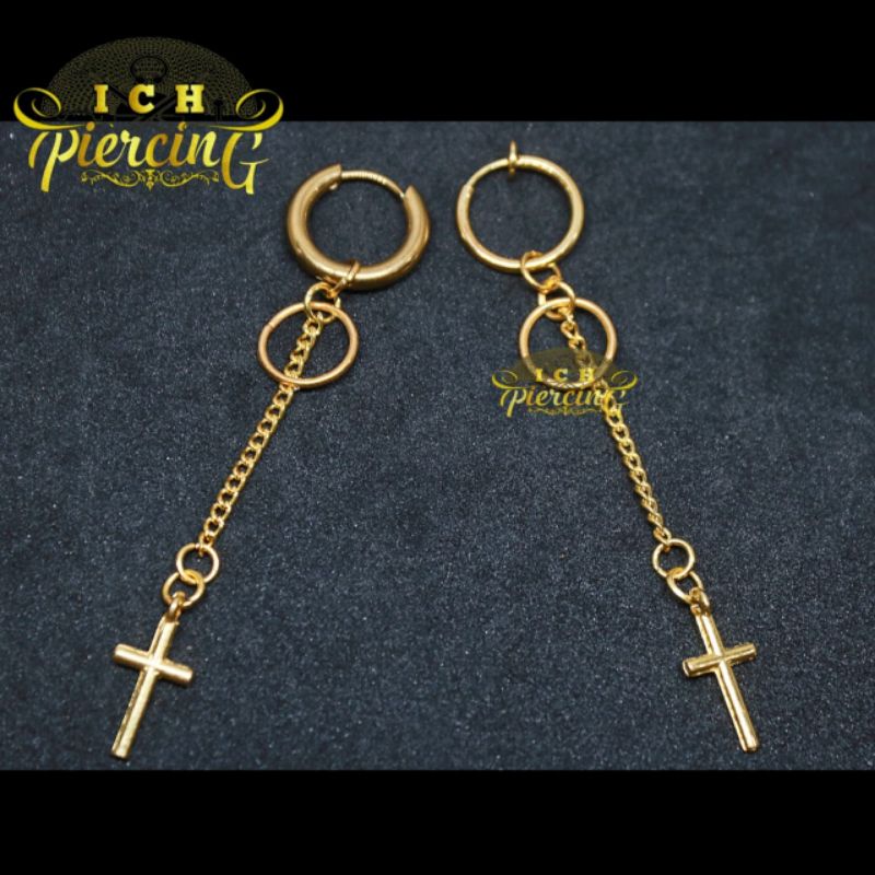 VIRAL Anting HOOP Ring Rantai Salib Gold Titanium steel / Anting Gantung Terbaru / Anting Hoops / Anting Pria Wanita / Anting K-Pop / Anting Hits