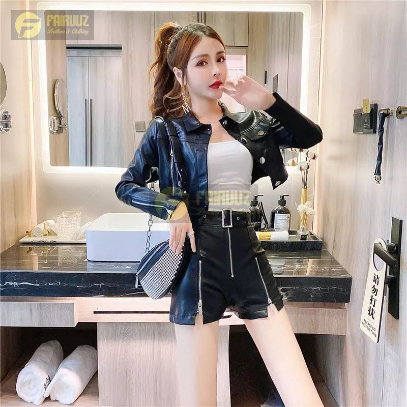 Celana Pendek Wanita Kulit Rok Celana Celana Rok Hot Pants Kulit Asli Model Skinny Pas Badan Aksen S