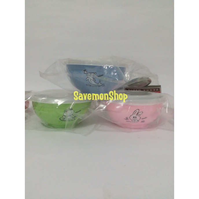 Mangkok Bayi Tutup Zebra Stainless Bowl Kecil Plus Sendok