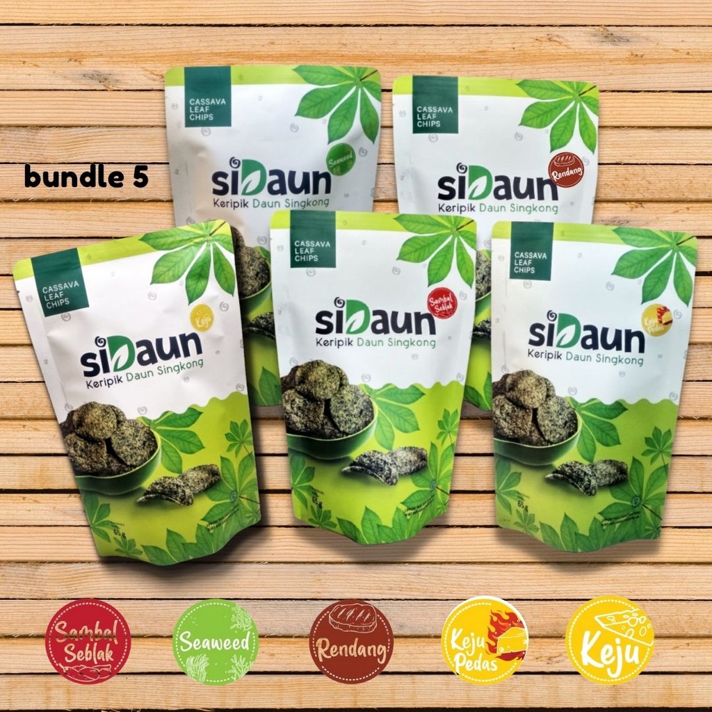 

SiDaun Bundle 5 KERIPIK DAUN SINGKONG 70gr - SAMBAL SEBLAK, KEJU, KEJU PEDAS, SEAWEED, RENDANG