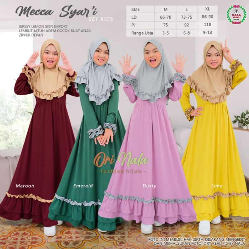 MECCA SYARI SET KIDS ORI BY ORI NALA/FASHION ANAK/USIA 3-13tahun/size m l xl
