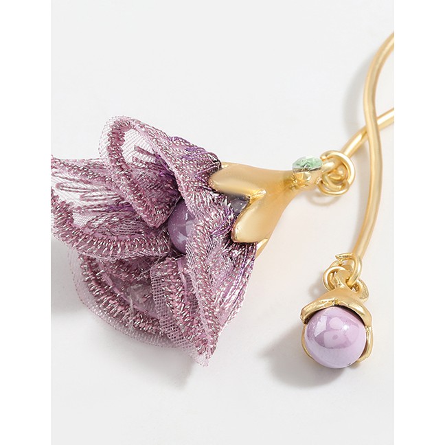 LRC Anting Tusuk Fashion Purple Alloy Lace Flower Pearl Earrings K96531