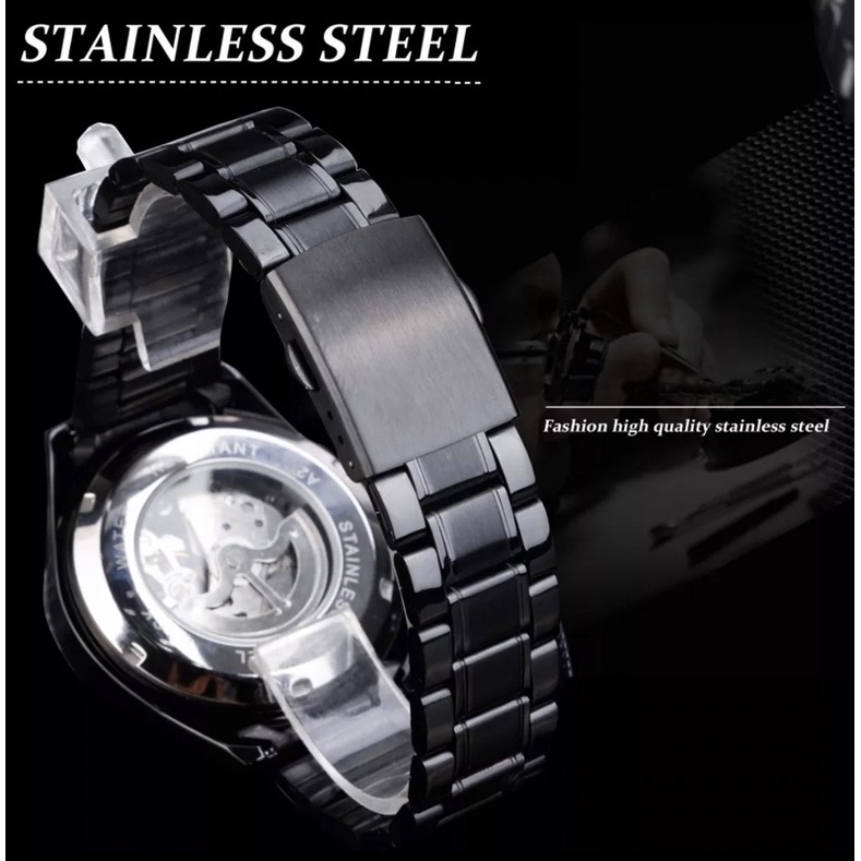 Jam Tangan Automatic Winner Sporty Bisnis Mewah All Black Stainless Steel