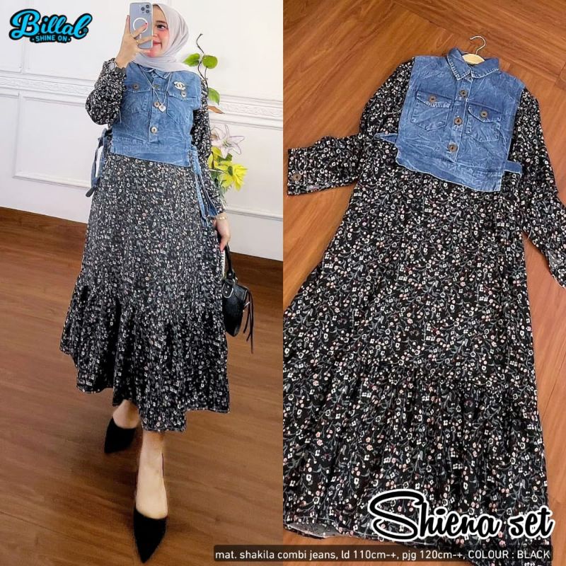 Midi Dress Dewasa Sakila Mix Vest Rompi Jeans Terbaru Motif Bunga