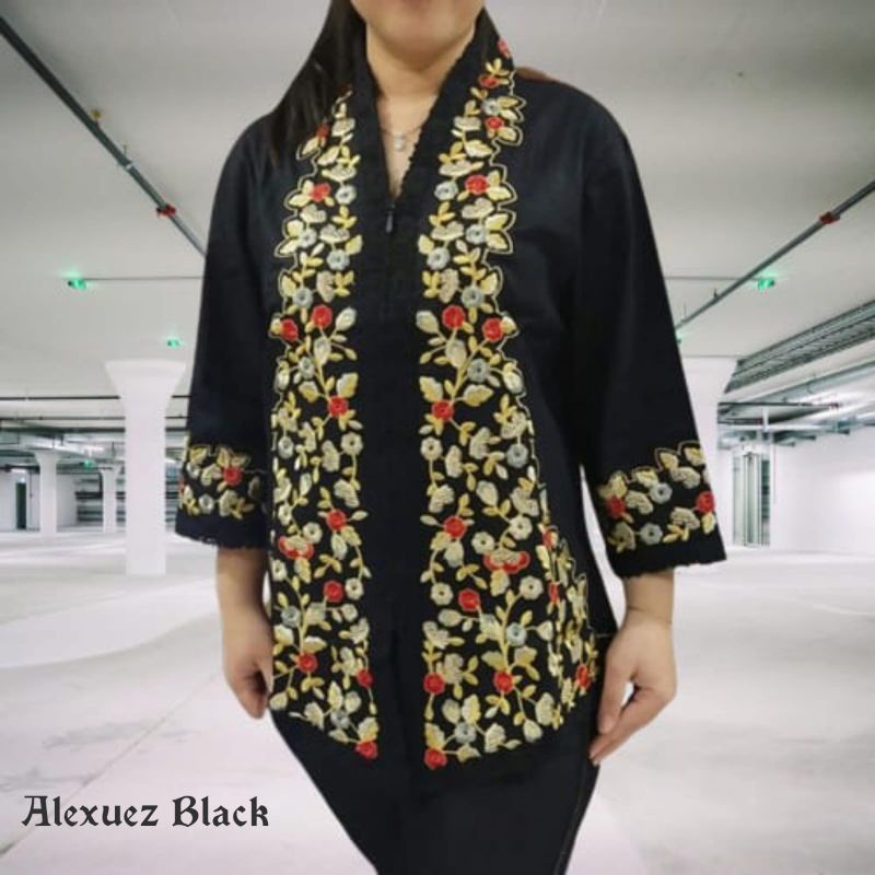 Kebaya Encim Senada modern katun kombinasi brukat import full bordir hitam