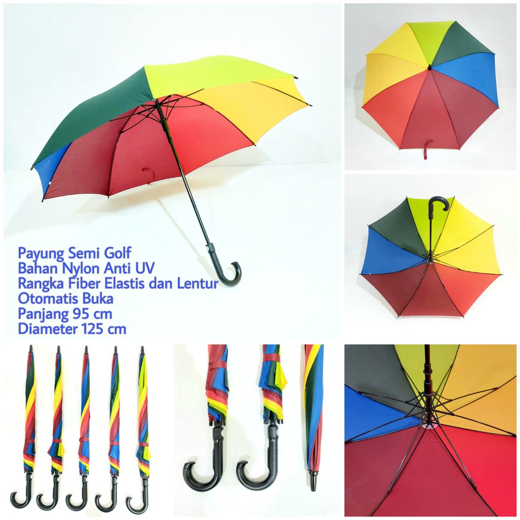 PROMO!!! Payung Golf Rainbow Pelangi Gagang J Otomatis Buka Bahan Nylon Anti UV