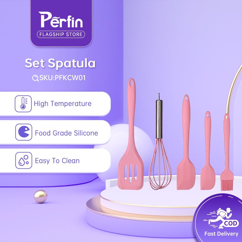 Perfin PFKCW01/PFKCW02 Spatula Silikon Tahan Panas 5pcs Spatula Set Alat Masak Set Sutil