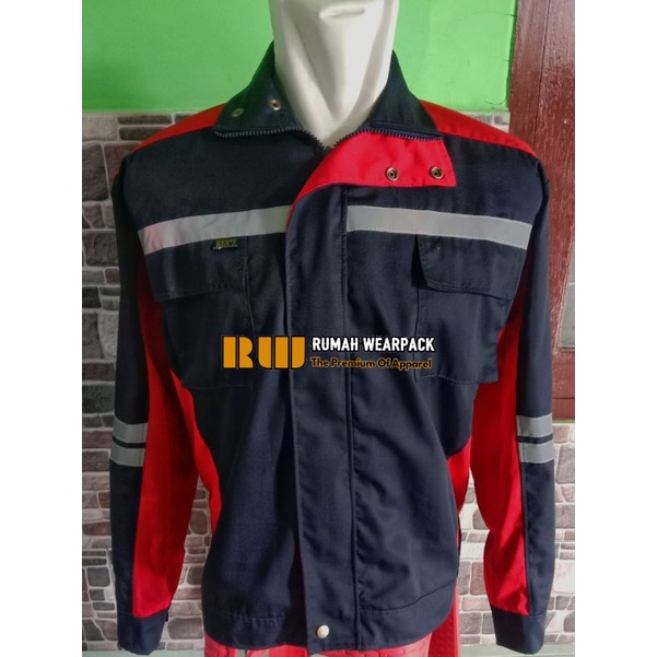 Semi Jaket Atasan Kerja Wearpack Proyek Warna Navy Kombinasi Merah