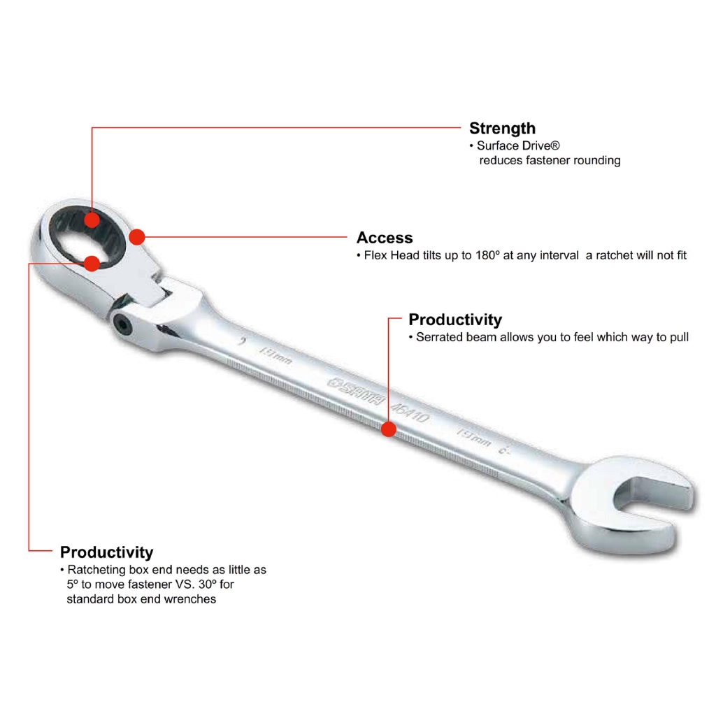 Flex Head Ratcheting Ring Pas 16 mm - Flex Head Ratchet Combination Wrenches 46407 SATA TOOLS