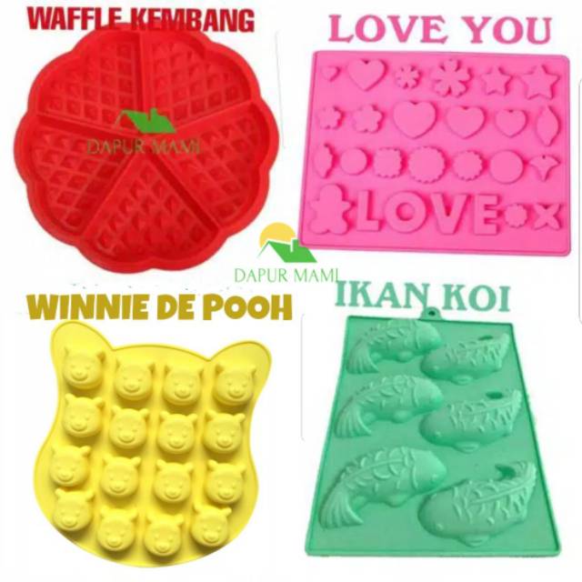 DAPURMAMI Cetakan silikon waffle kembang love hati winnie de pooh ikan koi agar jelly coklat puding