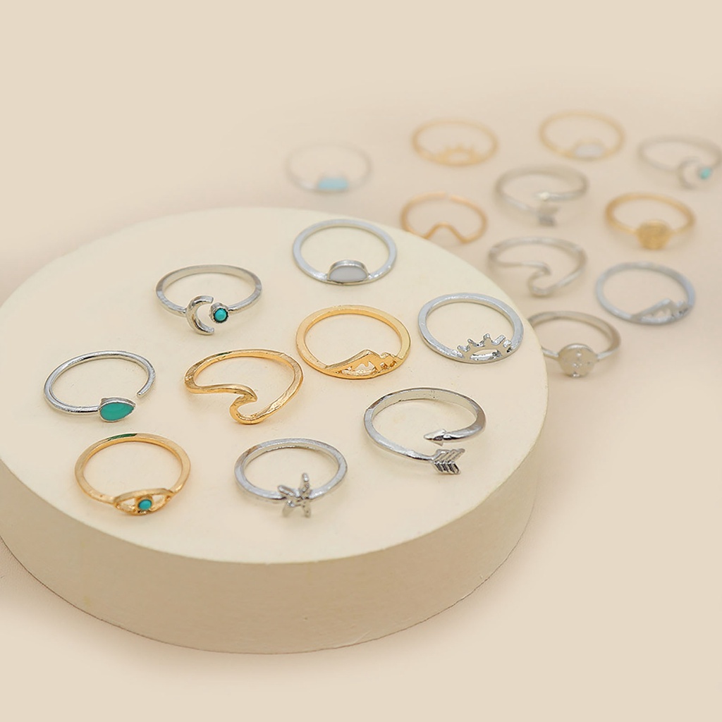 Hu Hu Hu Hu Hu Alat Bantu Pasang Kacamata♡ 19pcs / Set Cincin Model Terbuka Desain Ombak Hias Turquoise Gaya Boho / Etnik Untuk Wanita