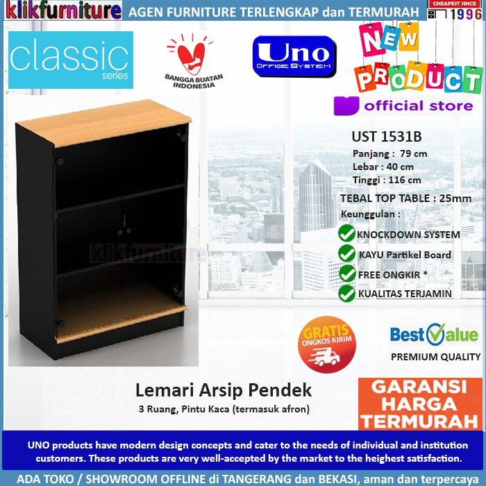 UST 1531B UNO Lemari Arsip Pendek 3 Ruang Pintu Kaca
