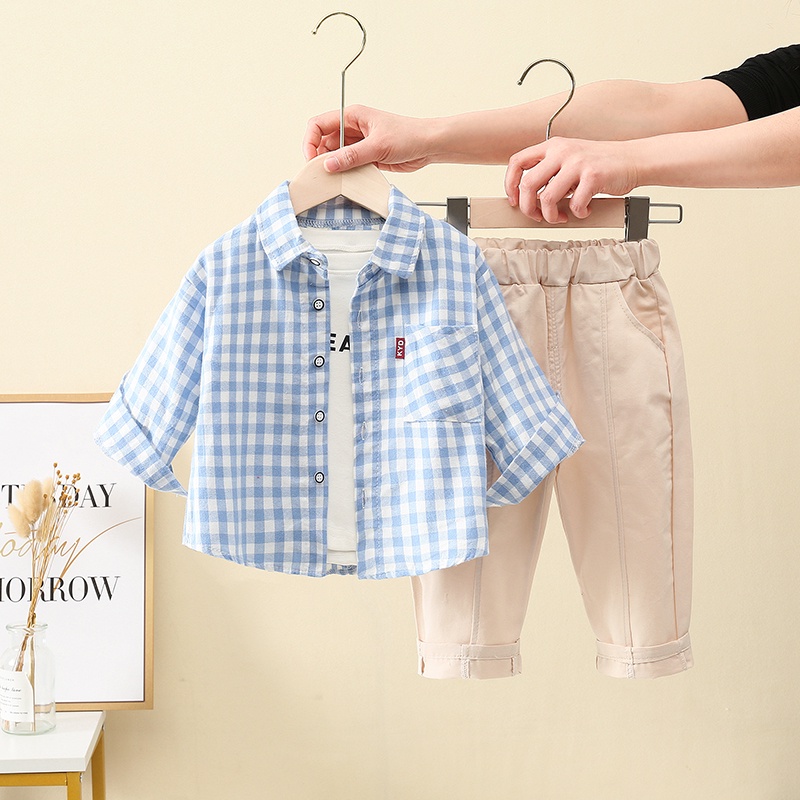  setelan kemeja kotak celana panjang fashion import anak laki laki model korea impor grosir-1