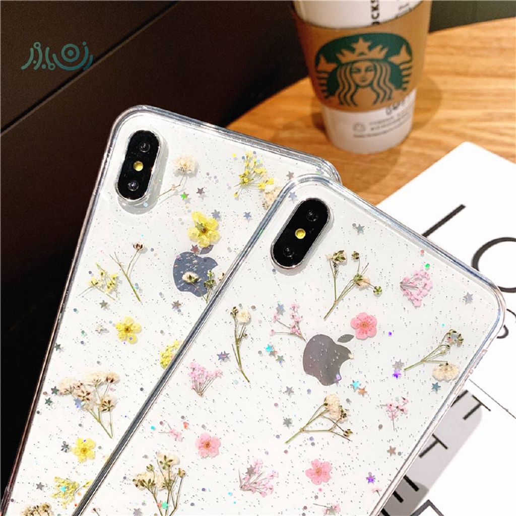 Casing Transparan Motif Bunga Kering Dengan Glitter Untuk Xiaomi Note 10 A3 10 Pro Redmi Note 7 Note 8 Pro 7a