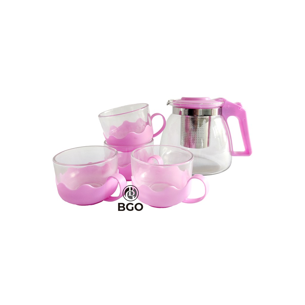 Teko Pot Kaca Set 5IN1 Pink Tea Pot Saringan The Teko Air BGO TPT-QM9027