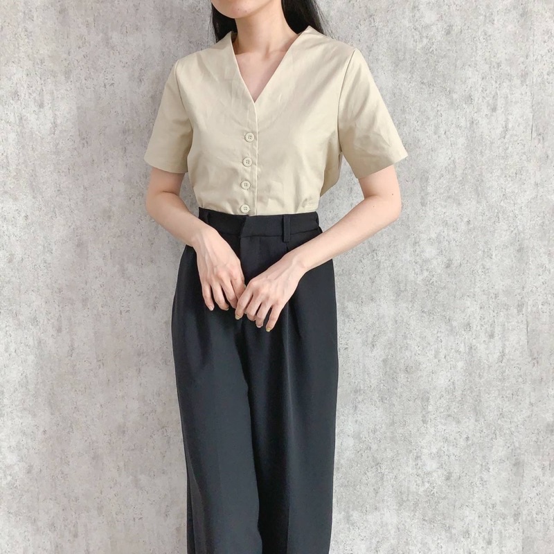 KOZZA TOP BAJU ATASAN BLOUSE WANITA LENGAN PENDEK BAHAN KATUN COTTON V NECK VNECK POLOS TOSCA ROUGE DARK PINK GREYISH BLUE ORANGE PUMPKIN WHITE BLACK-3