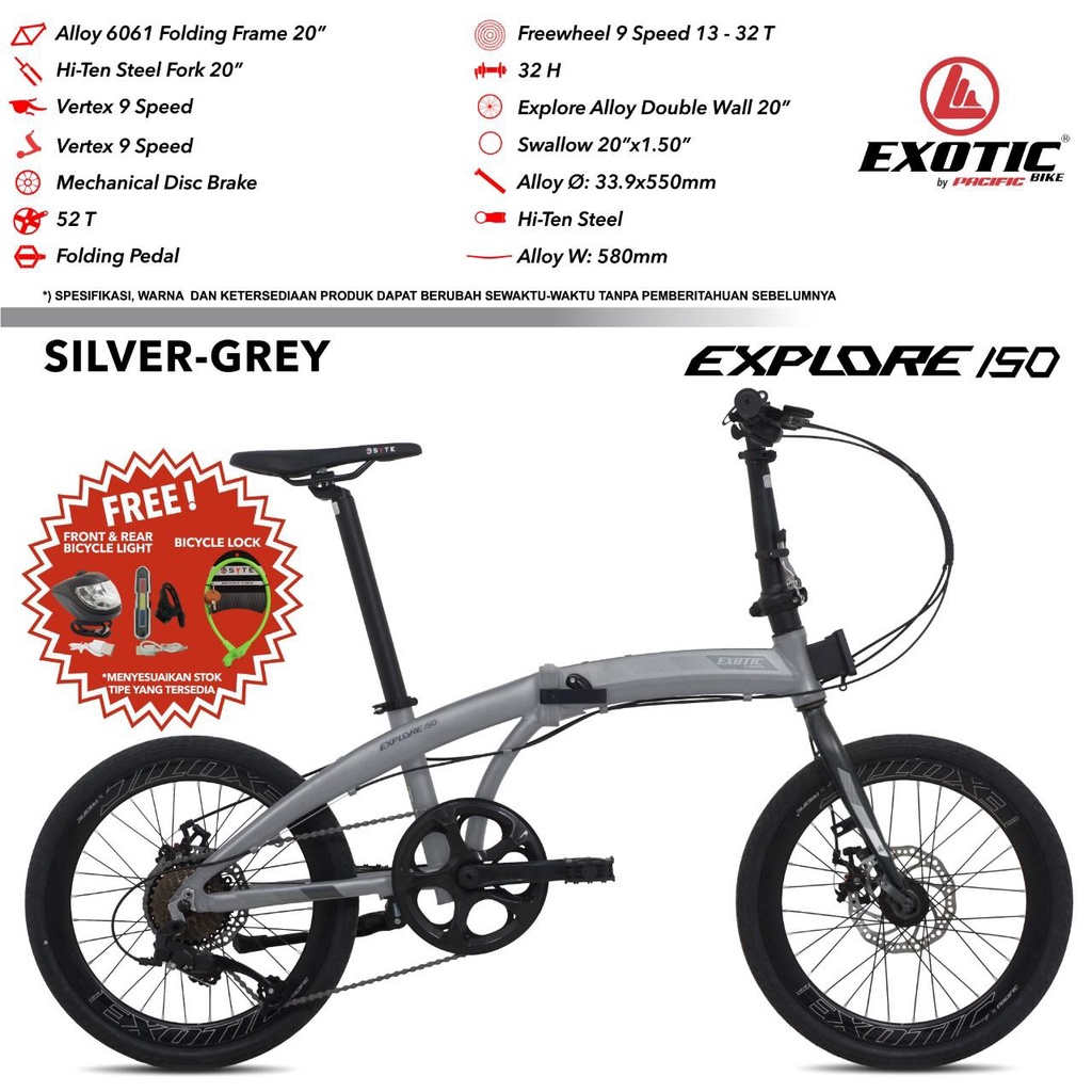 SEPEDA LIPAT EXOTIC EXPLORE 150 20” 9 SPEED FRAME ALLOY MECHANICAL DISC BRAKE BICYCLE FOLDING BIKE