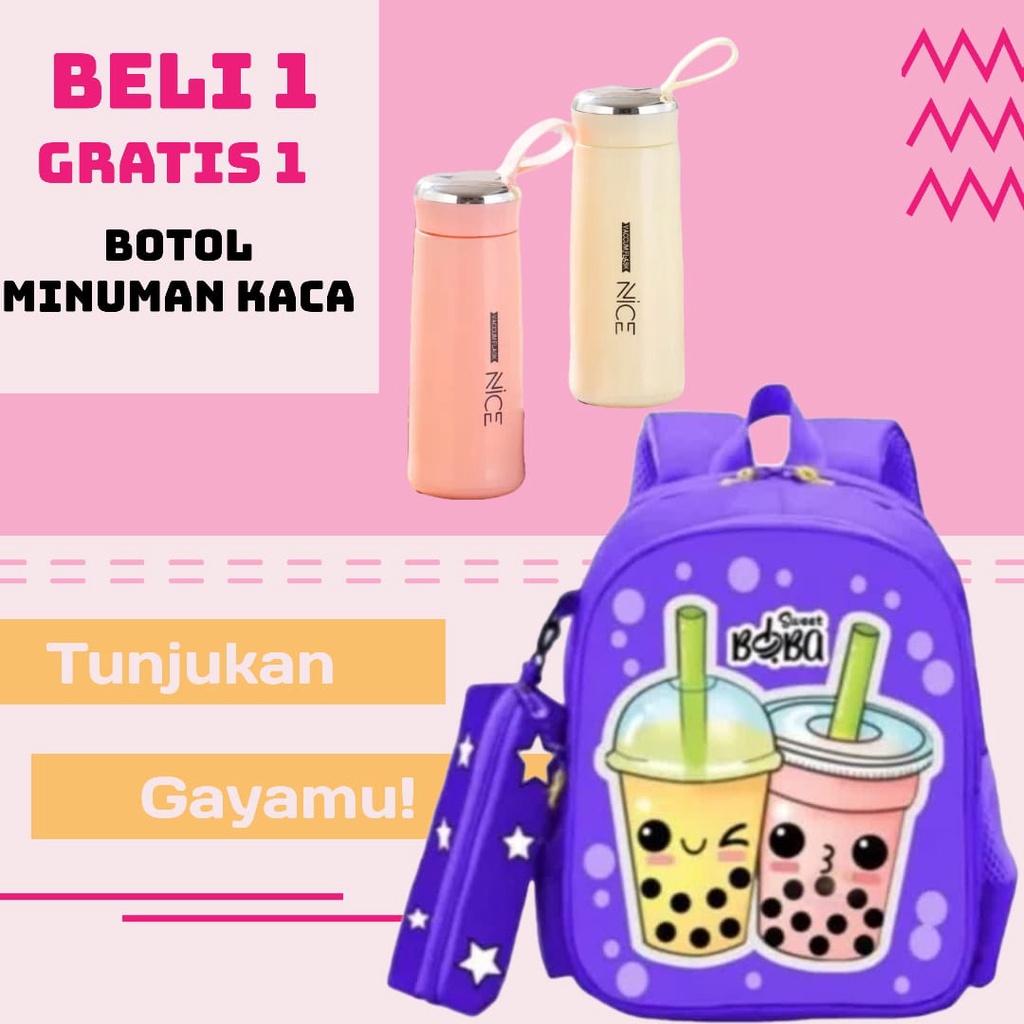 Tas Sekolah Anak Perempuan SD SMP SMA Ransel Kerja ORIGINAL Tas Sekoah Gambar Boba Tas Sekolah Anak Laki-Laki Free Botol Minum Kaca