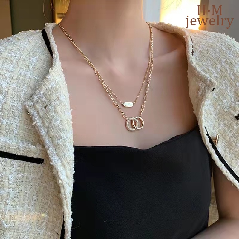 Kalung Rantai Dua Lapis Dengan Liontin Cincin Ganda Untuk Wanita