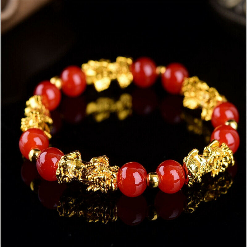 Unisex Wealth Feng Shui agate Golden PIXIU Wealth Beads Bracelet Attract Wealth and Good Luck Jewelry Gift