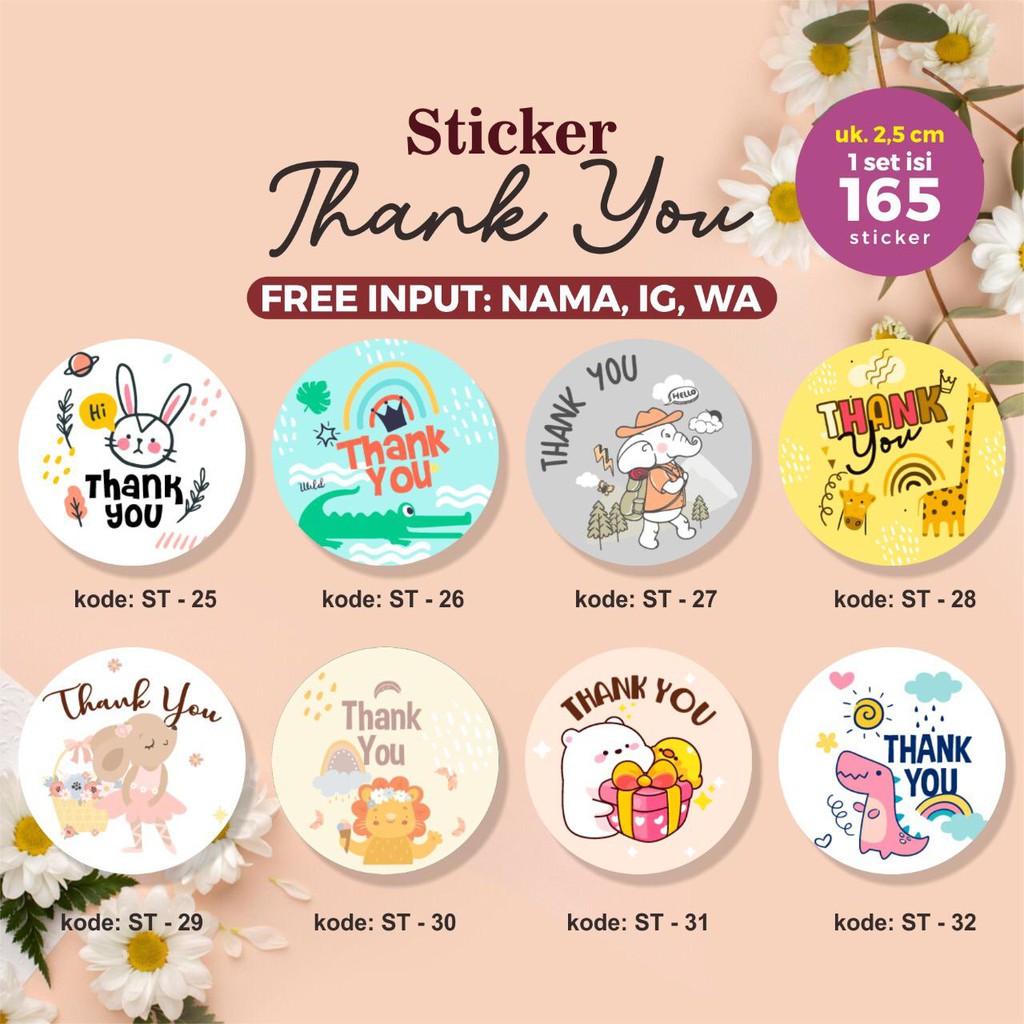 

165 PCS STIKER THANKYOU BUNDAR BULAT CUSTOM NAMA LUCU BAGUS MURAH