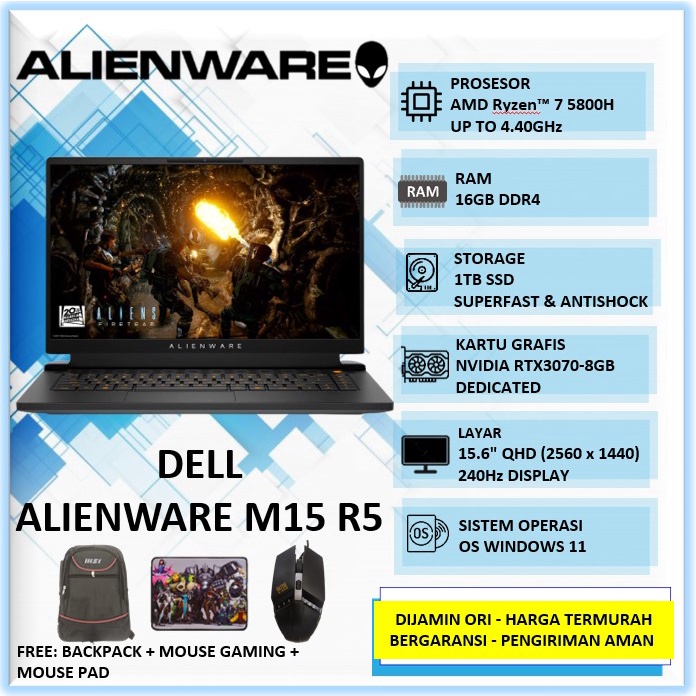Laptop Dell Alienware M15 R5 AMD Ryzen 7 5800H RAM 16GB SSD 1TB NVIDIA RTX3070 8GB 15.6" QHD 240Hz W