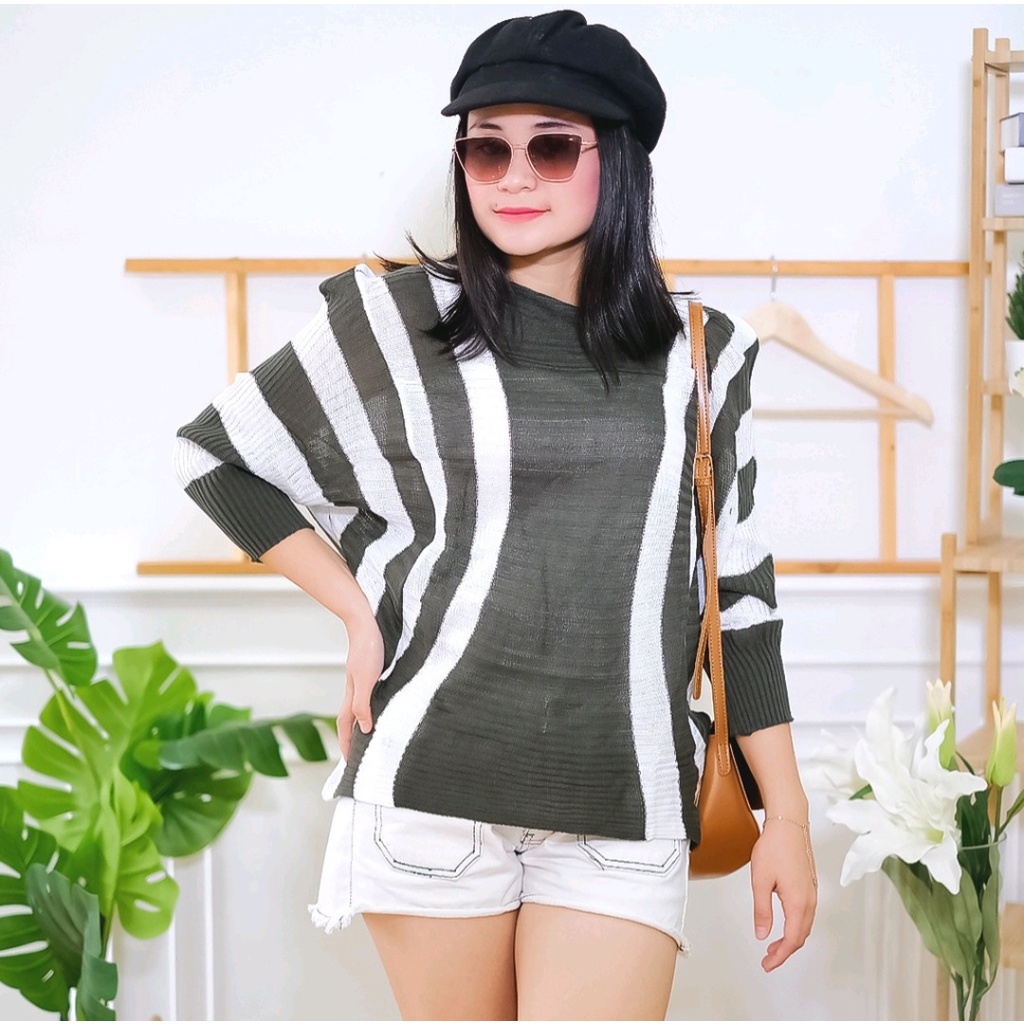 VK__ storeRAJUT BATWING ZEBRA STRIPE SALUR KOMBINASI POLET SWEATER BLOUSE ATASAN WANITA OVERSIZE JUM