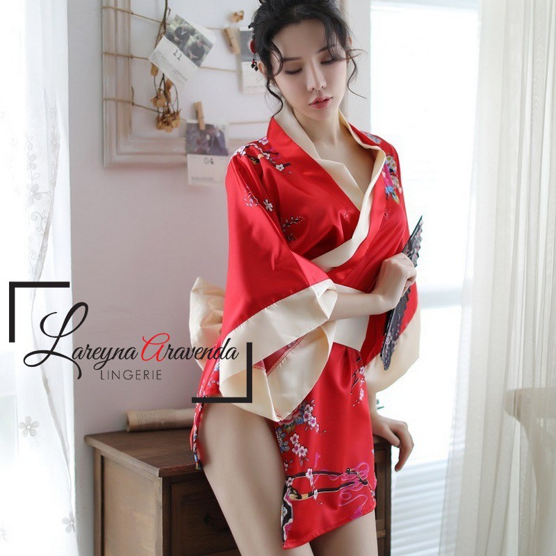 Set Lingerie Seksi + G String Model Kimono Premium Sabuk Besar Satin Jepang LG109