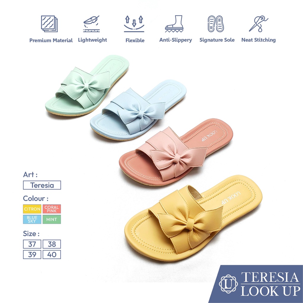 Sandal Kulit Wanita Teplek Anti Slip Kokop Pita Kekinian Sandal Look Up - TERESIA