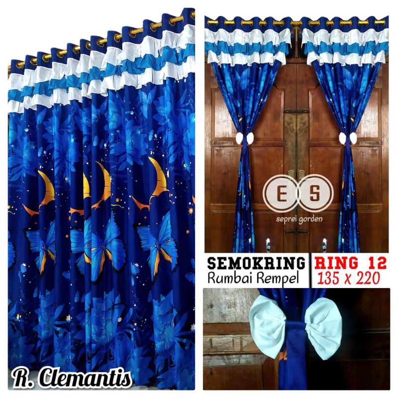 Tirai Gorden Smokring Susun Pita Rumbai Besar Murah 10 Lubang Motif Clemantis