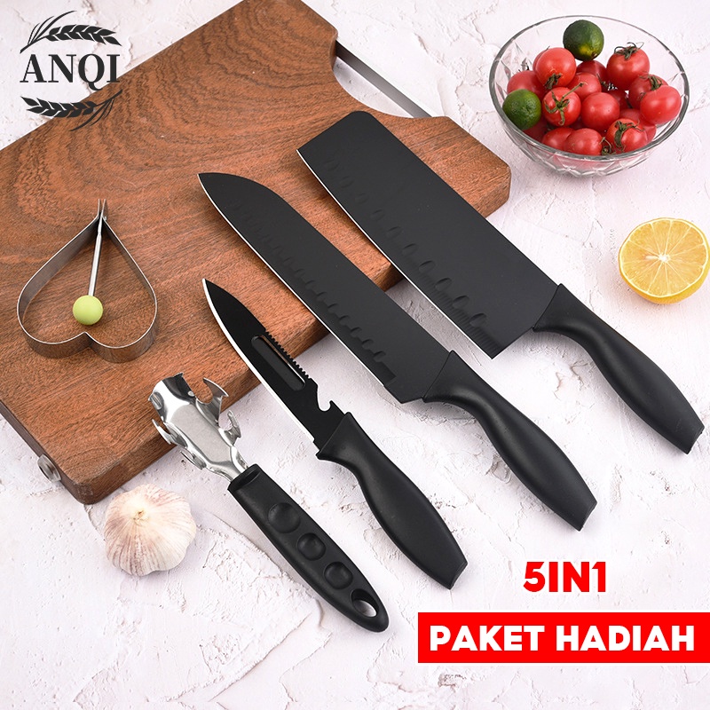 ANQI 1888  _ Set Pisau Dapur isi 5pcs Hitam  Pisau Set 5 pcs Black / VS