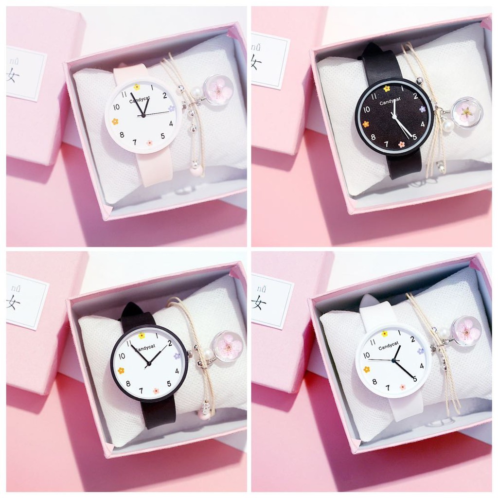 Jam Tangan Wanita Harajuku Bunga Korean Simple Casual / Jam Tangan CandyCat Bunga Gaya Korea Wanita